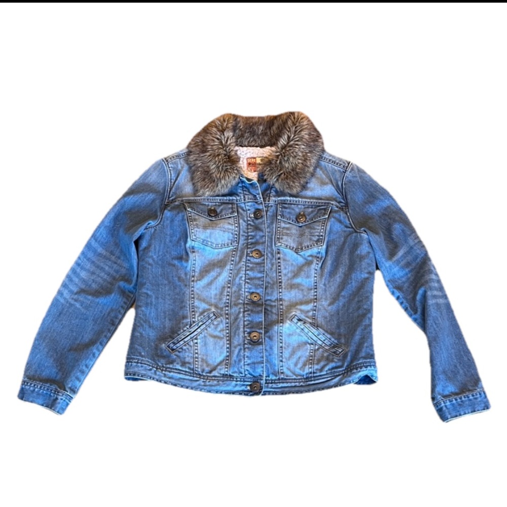 Ruff Hewn Sherpa Lined Denim Jacket with Faux Fur collar button up. Size medium